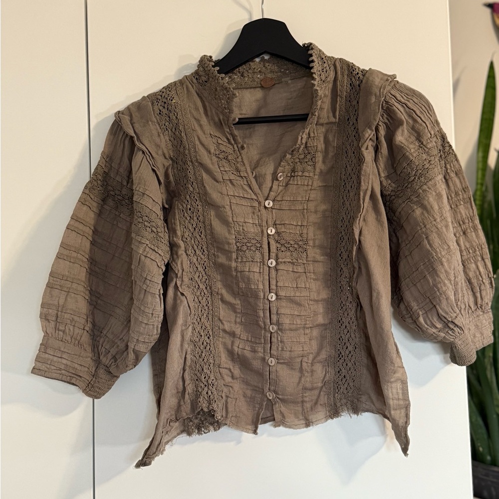 Chic Women's Tan Blouse with Textured Details